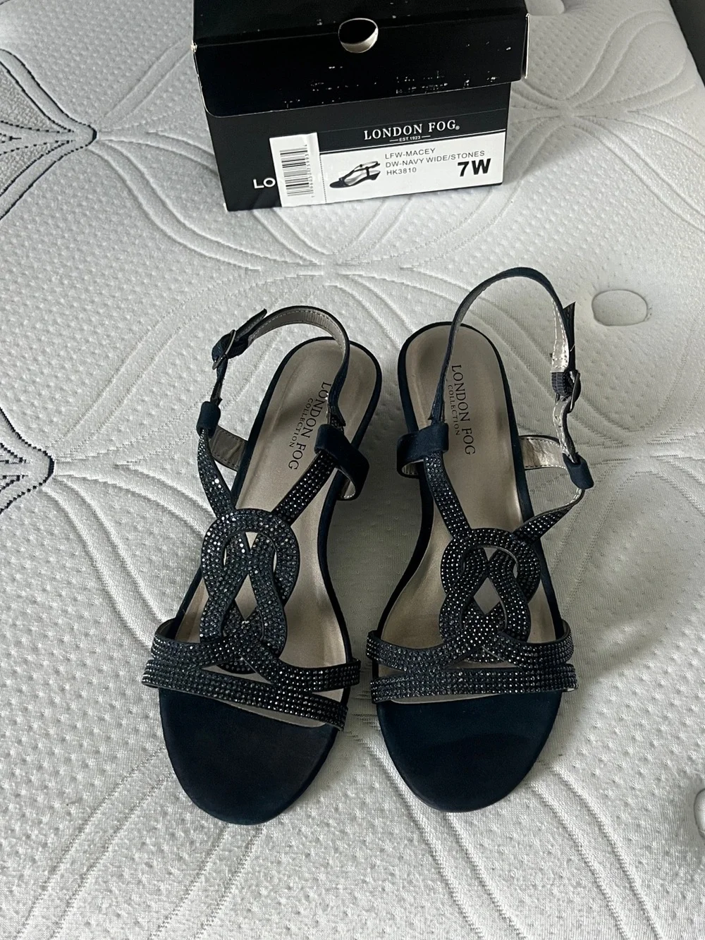 LONDON FOG Womens Macey Demi-Wedge Dress Sandals Women's Navy Rhinestone 7 Wide